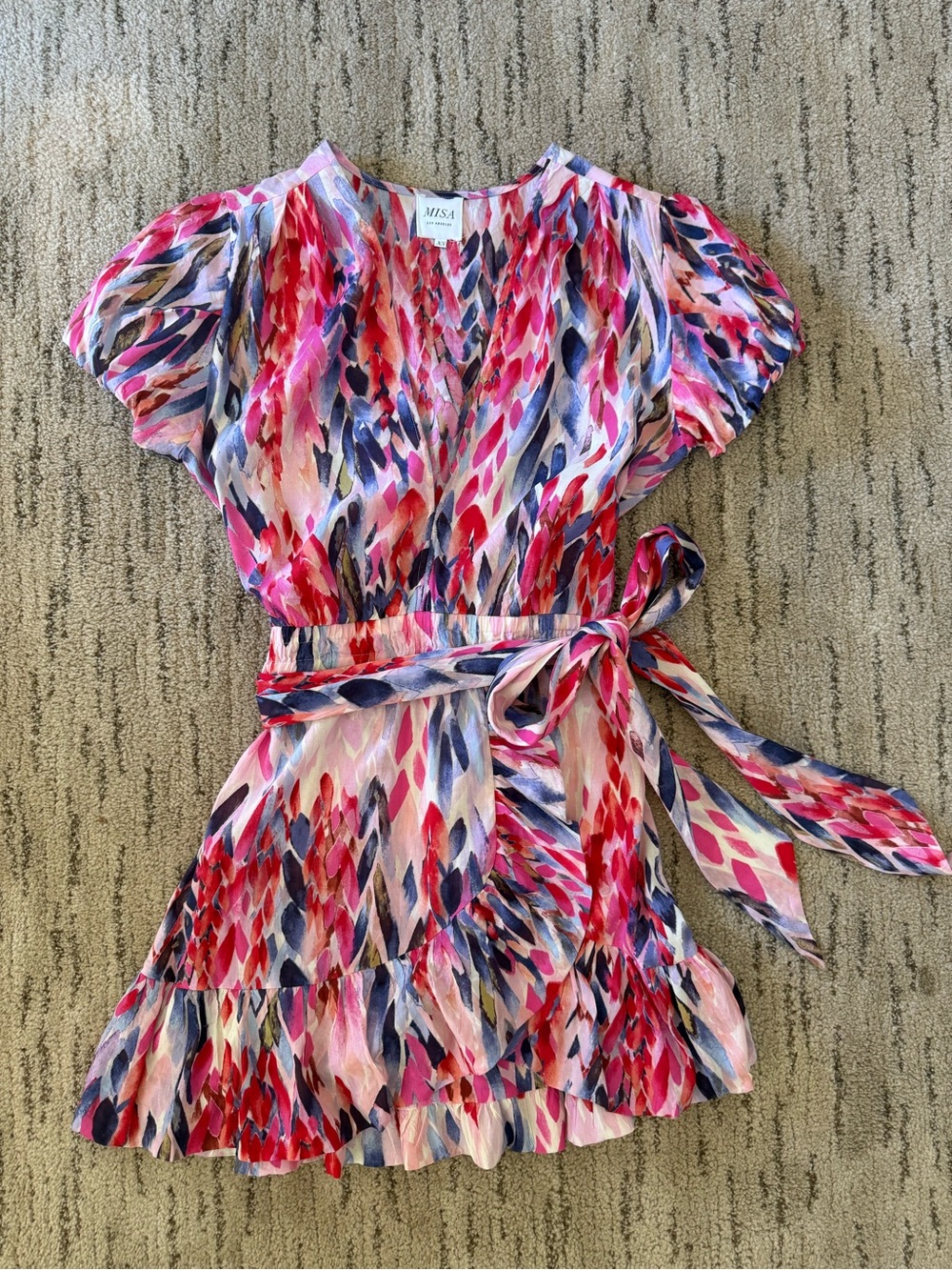 MISA V-Neck Tie-Waist Printed Mini Dress - Pink Multi - Picture 1 of 4